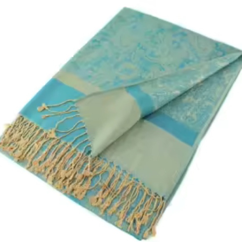 Cashmere Teal and Gold Floral Scarf with Fringe